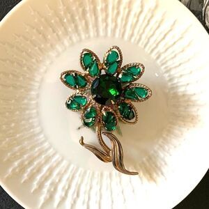 Vintage Emerald Green-Gold Sunflower Brooch, in Rose Gold tone, Unmarked